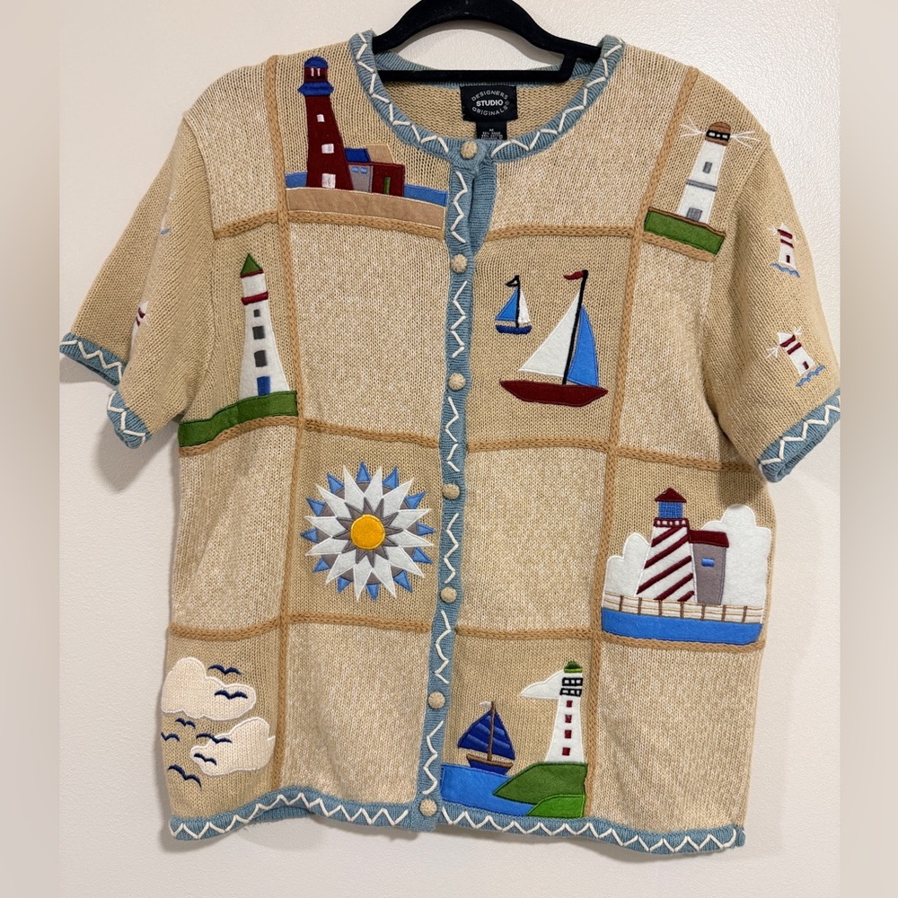 Designers Originals Studio Women's LARGE Sweater Nautical Sailboat Lighthouse